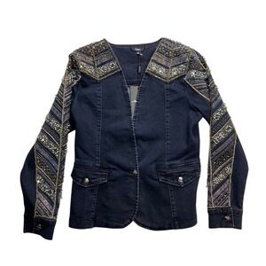 Tesoro Moda Denim Jacket Womens XS Navy Black NEW Embellished Rhinestone 19717